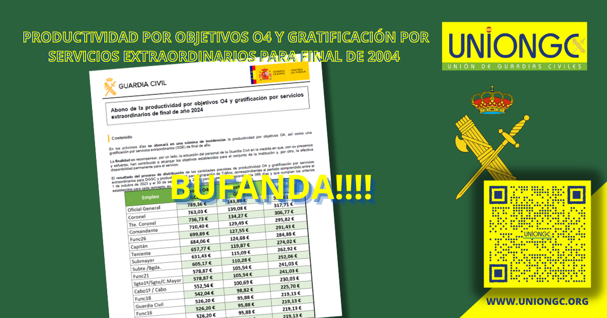 PRODUCTIVIDAD POR OBJETIVOS O4 Y GRATIFICACIÓN POR SERVICIOS EXTRAORDINARIOS PARA FINAL DE 2004 – BUFANDA GUARDIA CIVIL